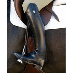 black riding boot in stirrup